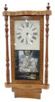 A late 19thC American walnut and parquetry wall clock, with painted dial, 86cm high.