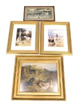 Four prints, comprising after Haywood Hardy, figure on horseback at beach, 32.5cm x 24.5cm, a print