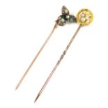 Two stick pins, comprising a stick pin set with opal and seed pearl with three leaf clover top, unma