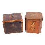 A 19thC mahogany inlaid tea caddy, with canted corners enclosing vacant interior, 12cm wide, and a s