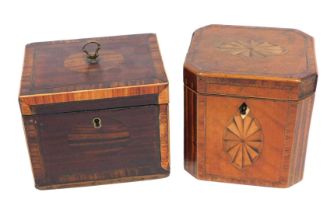A 19thC mahogany inlaid tea caddy, with canted corners enclosing vacant interior, 12cm wide, and a s