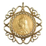 A Victorian full gold sovereign, dated 1891, in a 9ct gold scroll work pendant mount, 11.7g.