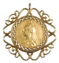 A Victorian full gold sovereign, dated 1891, in a 9ct gold scroll work pendant mount, 11.7g.