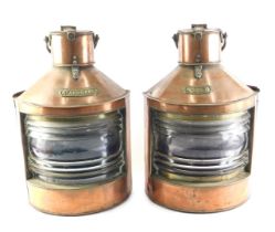 Two copper and brass ship's lanterns, Port and Starboard, with shaped lenses, 51cm high.