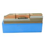 A museum model of a canal lock, 94cm wide, 21cm high, in blue ply travel case.