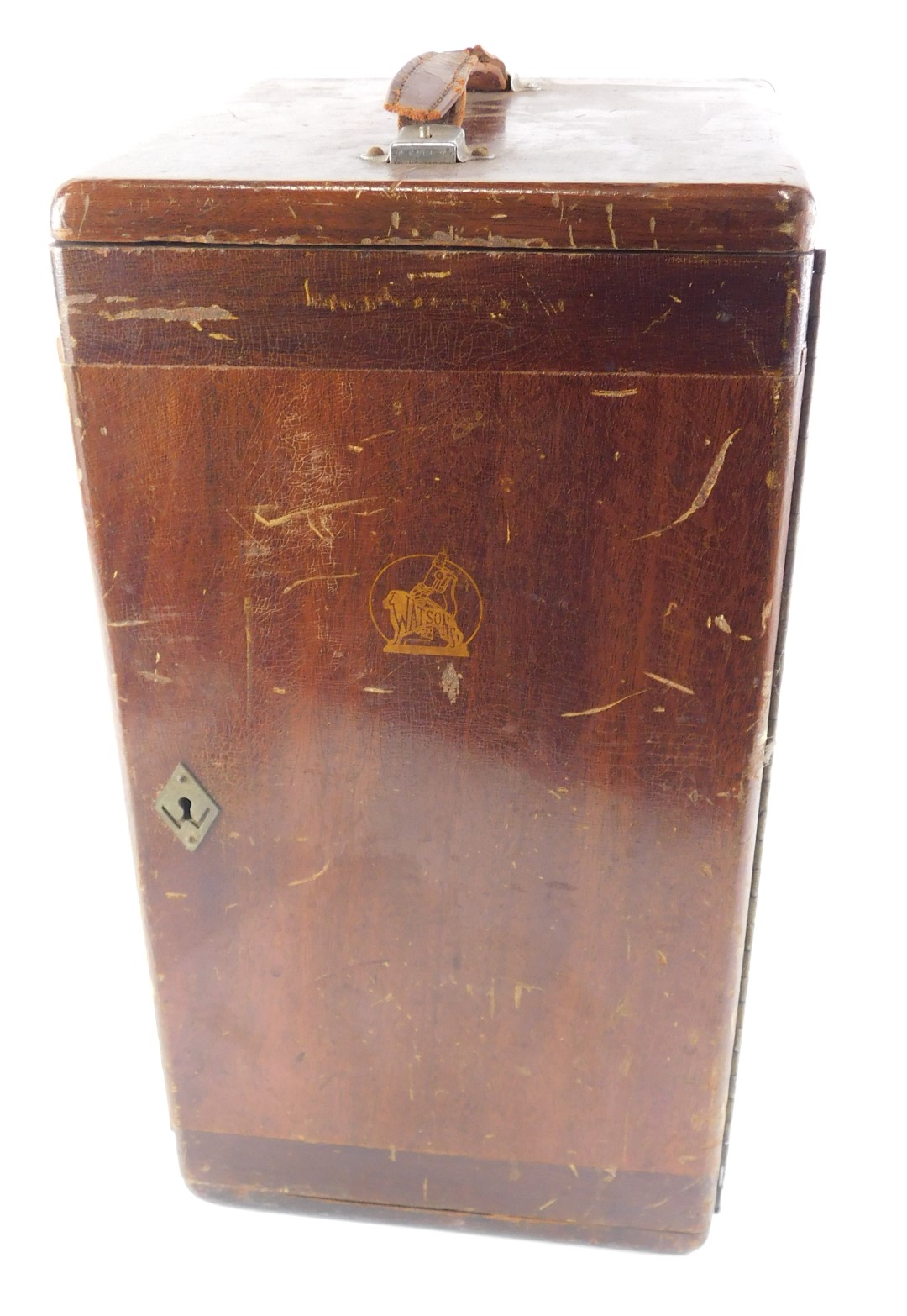 A Watson's binocular microscope, lacking some fittings, in mahogany case, the case 46cm high. - Image 7 of 7