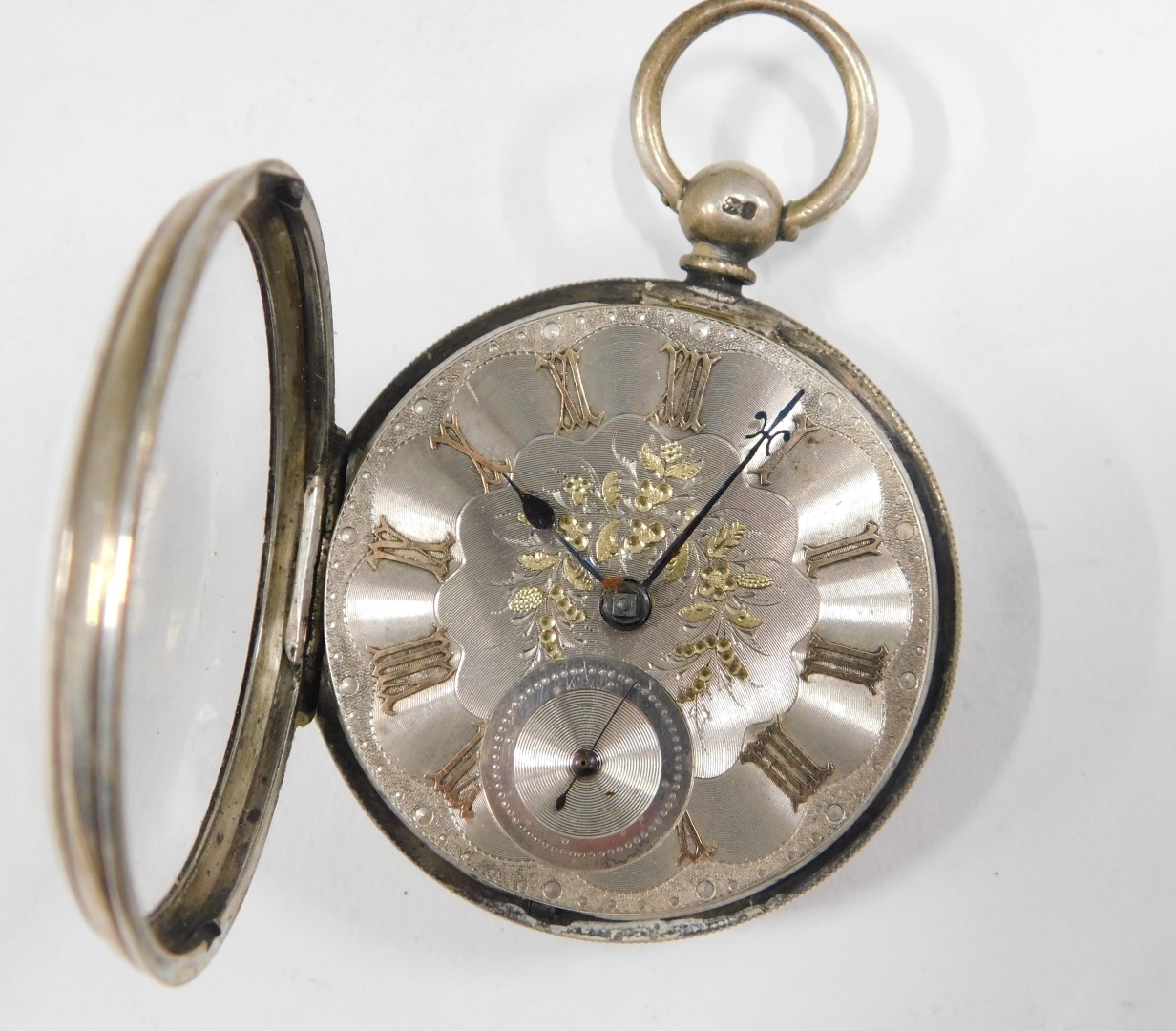 A 19thC silver pocket watch, the silvered Roman numeric dial, with gold and rose gold markers and fl - Image 4 of 6