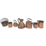 A copper court flagon, spoil preserve pan, two copper kettles, etc.