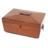 An early Victorian mahogany and ebony strung sarcophagus shaped workbox, 25cm wide.