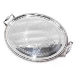 A John Edwards EPNS silver plated serving tray, with a beaded and embossed design with camphor leaf