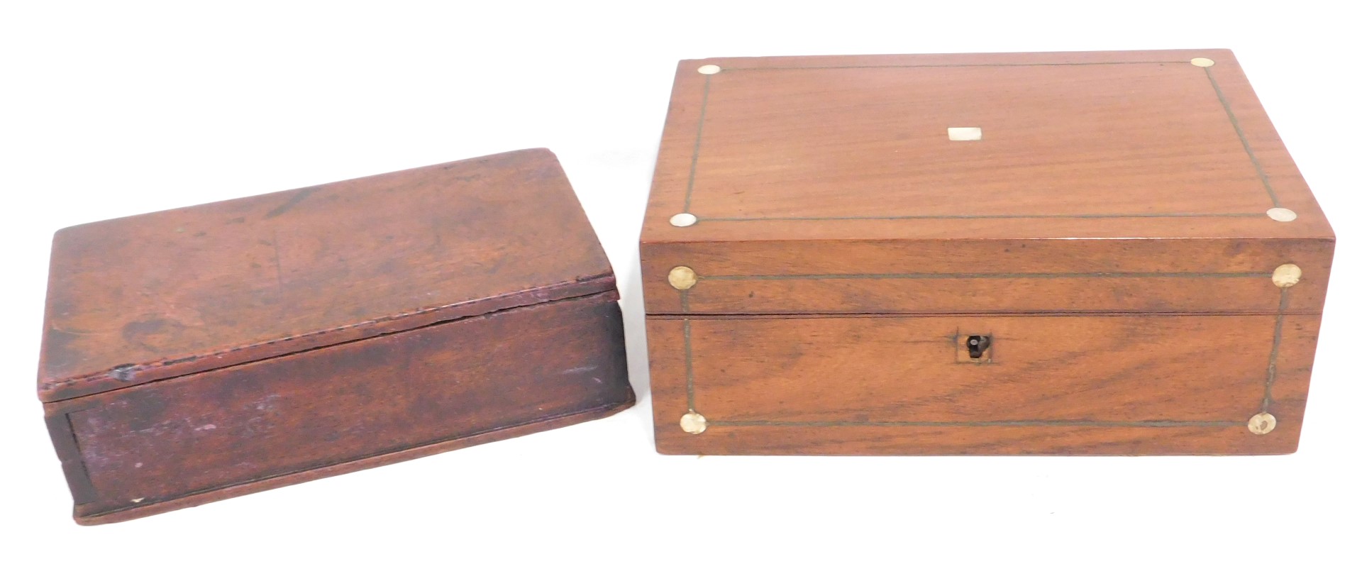 A mahogany and chequer banded box, and another with mother of pearl inlay, 25cm wide.