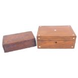 A mahogany and chequer banded box, and another with mother of pearl inlay, 25cm wide.