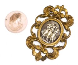 A 20thC Italian cameo frame, in gilt ormolu frame, the central cameo depicting three graces, the cam