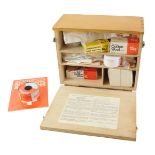 A late 20thC laminated first aid box, with some contents, stamped Office's, Shops and Railway premis