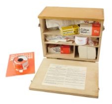 A late 20thC laminated first aid box, with some contents, stamped Office's, Shops and Railway premis