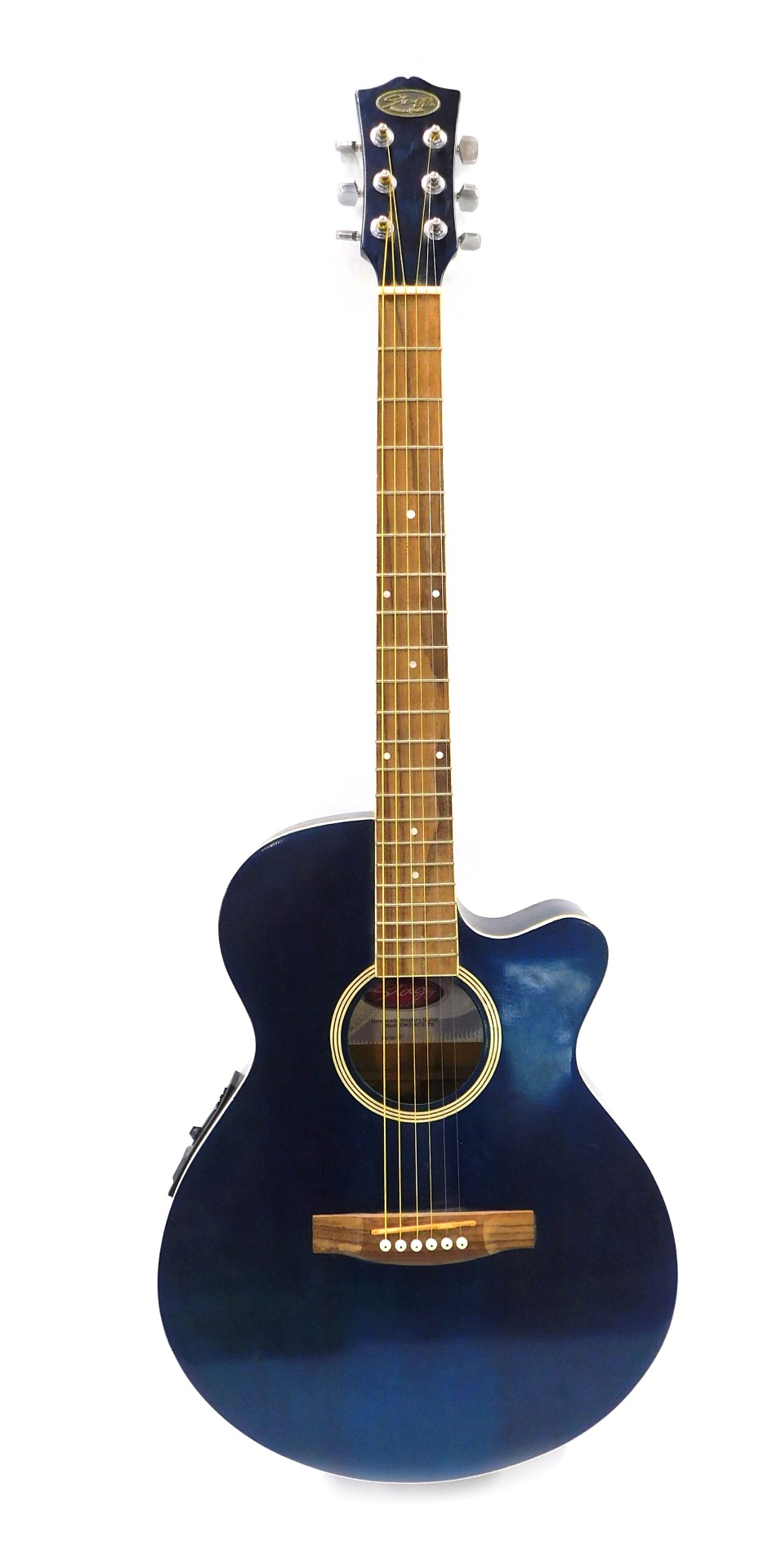 A Stagg handmade Western guitar, model number SW206CE-TB, in blue, 102cm long.