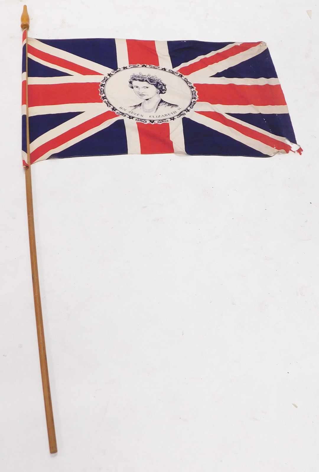 An Elizabeth II Union Jack material flag, the flag 74cm x 52cm, on pine pole 144cm long. - Image 2 of 2