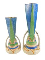 An Art Deco pottery vase, decorated with geometric design, 33cm high, and another similar, 26cm high