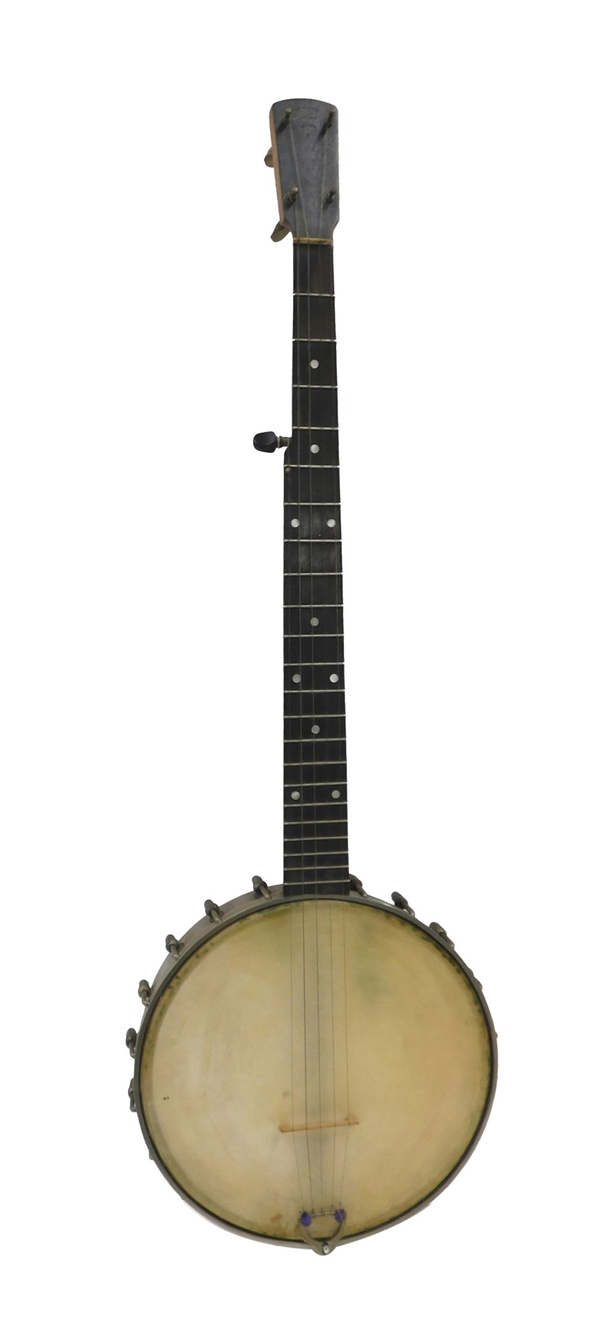 An AD Windsor Popular banjo, with ebonised and mother of pearl inlaid finger board, metal fittings,