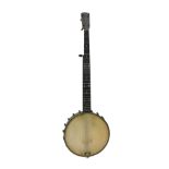 An AD Windsor Popular banjo, with ebonised and mother of pearl inlaid finger board, metal fittings,
