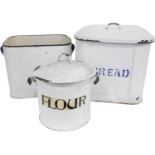 Three 20thC enamel bins, comprising a bread bin on white ground with blue border, 30cm diameter, and