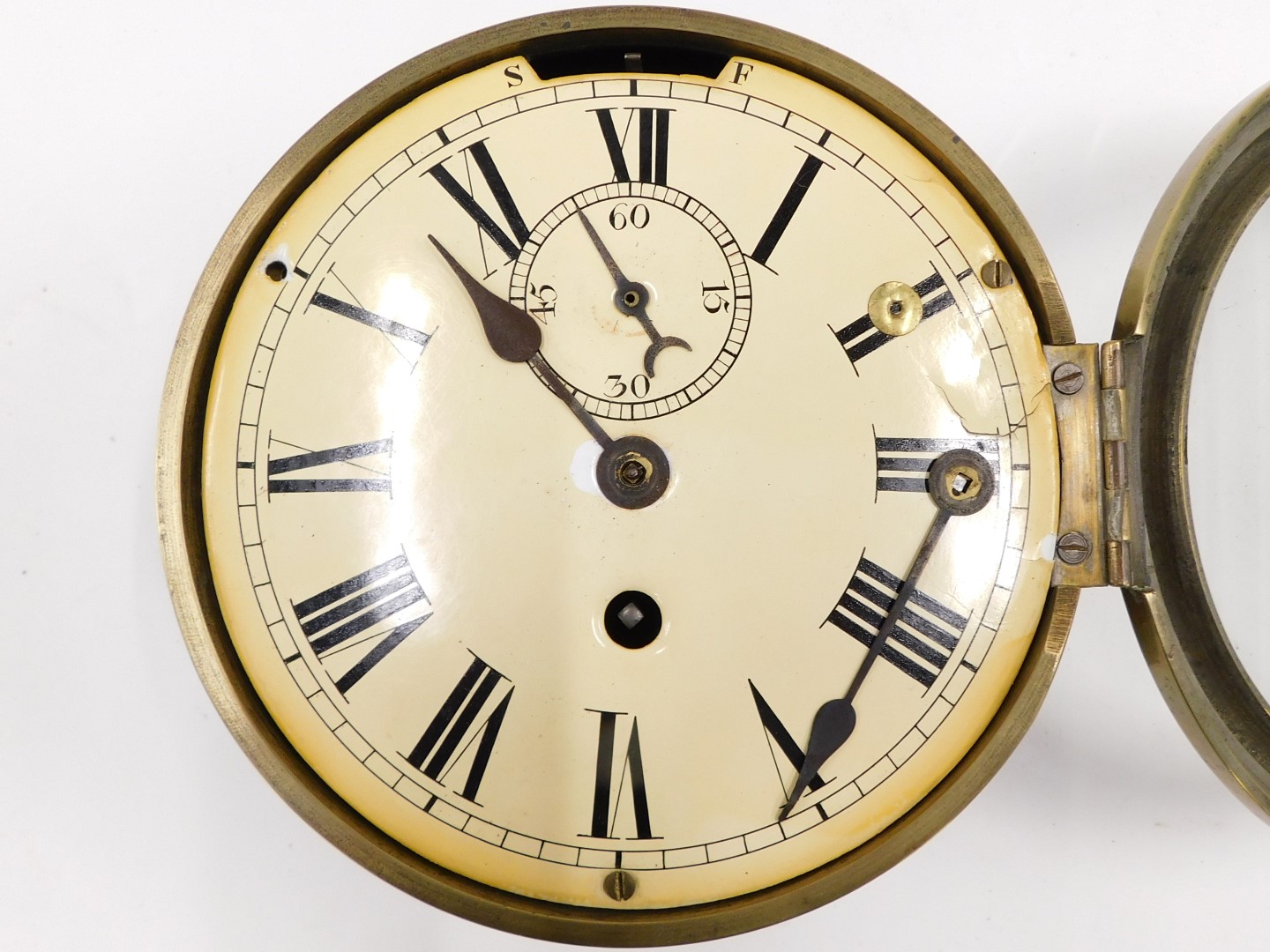 A brass ship's bulk head clock, with cream enamel dial, 24cm diameter. (AF) - Image 2 of 3