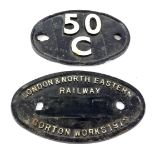 A cast iron plaque label for London and North Eastern Railway Gorton Works 1912, 23cm wide, and anot