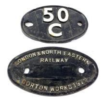 A cast iron plaque label for London and North Eastern Railway Gorton Works 1912, 23cm wide, and anot