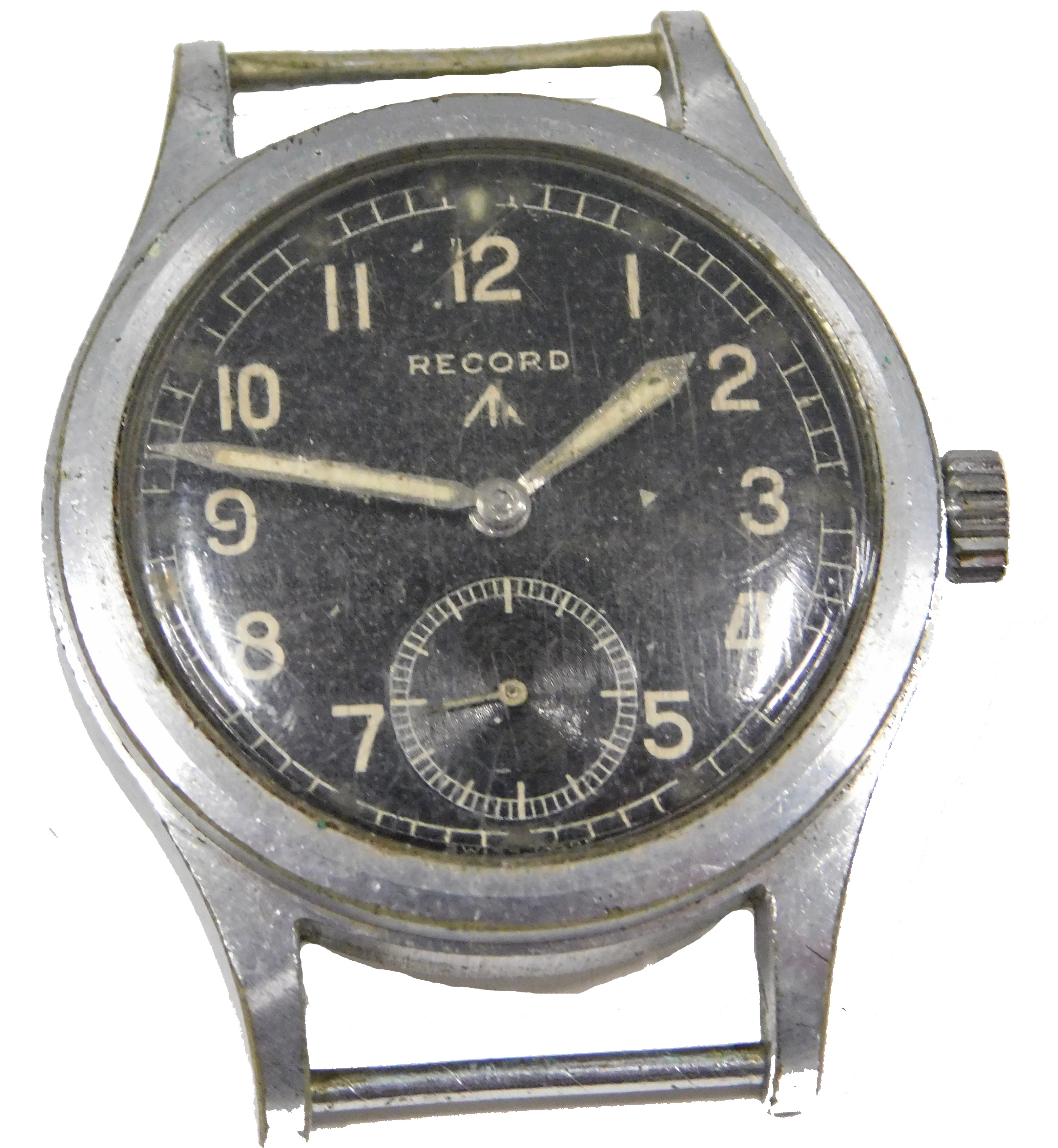 A Record WWII military wristwatch, signed black dial with broad arrow and stainless steel case, mark