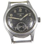 A Record WWII military wristwatch, signed black dial with broad arrow and stainless steel case, mark