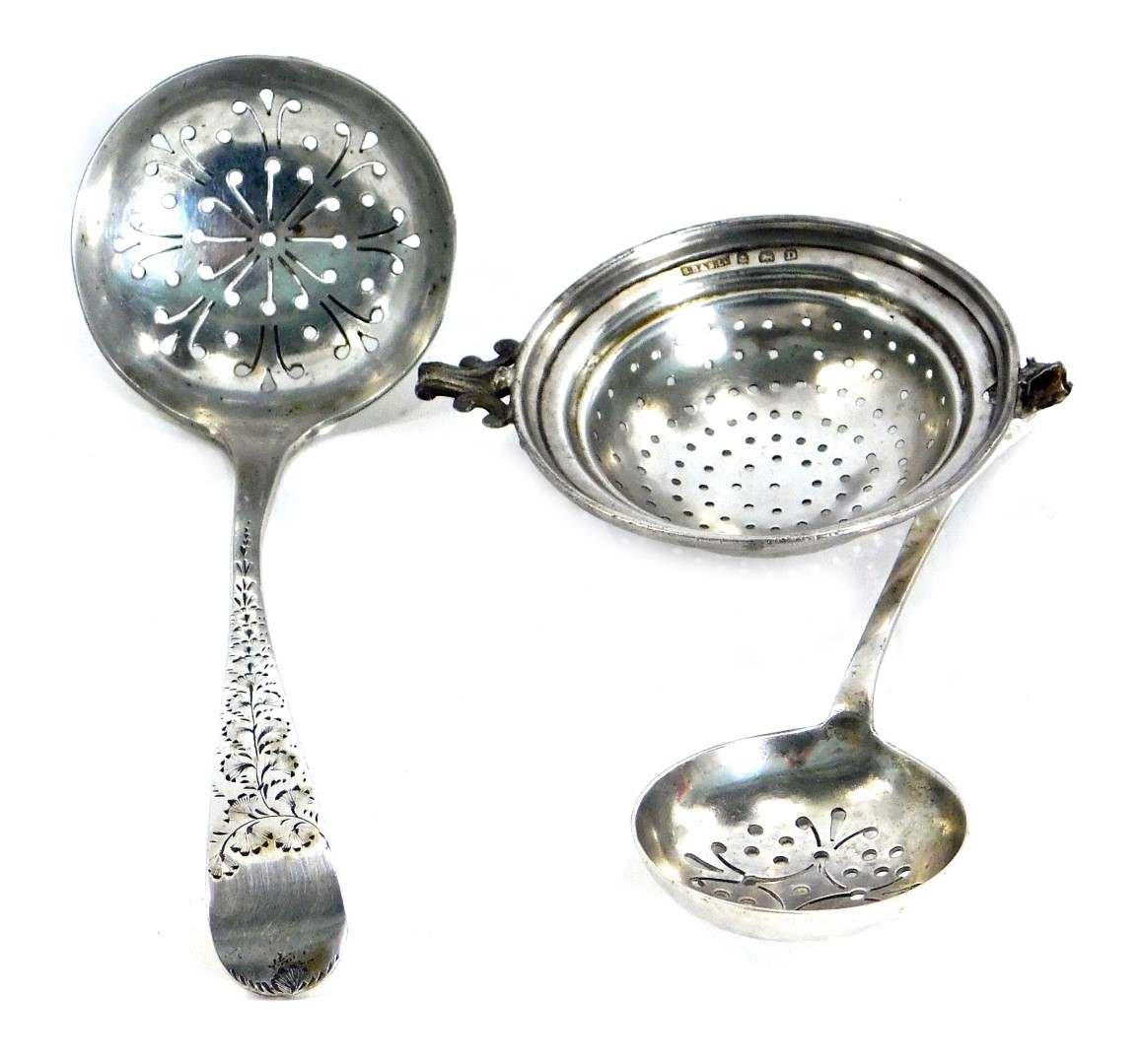 Silver wares, comprising two Victorian silver sifter spoons, Sheffield 1942, and another with arched