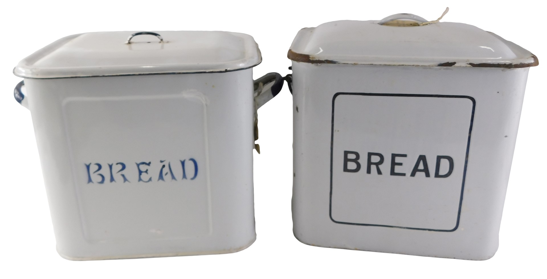 Two 1930s enamel bread bins, each on white enamel with blue rim and lids, 30cm high. (2)