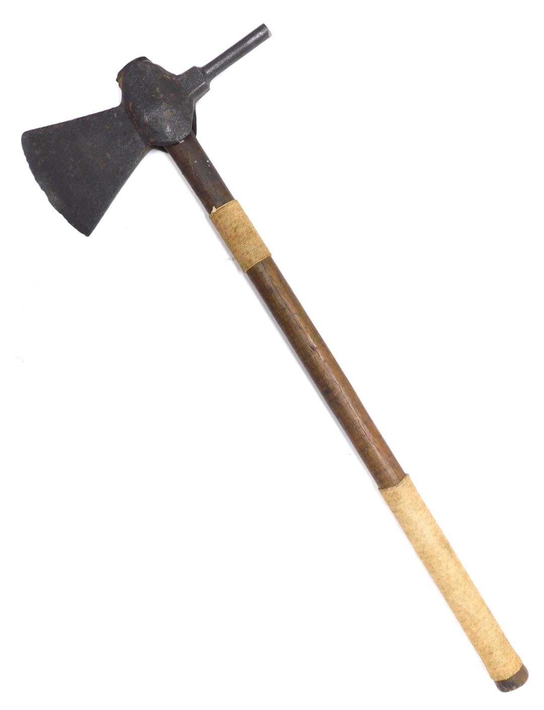 A 19thC Slaughter-man's axe, with cylindrical channelled part to one side, with hardwood handle, bou