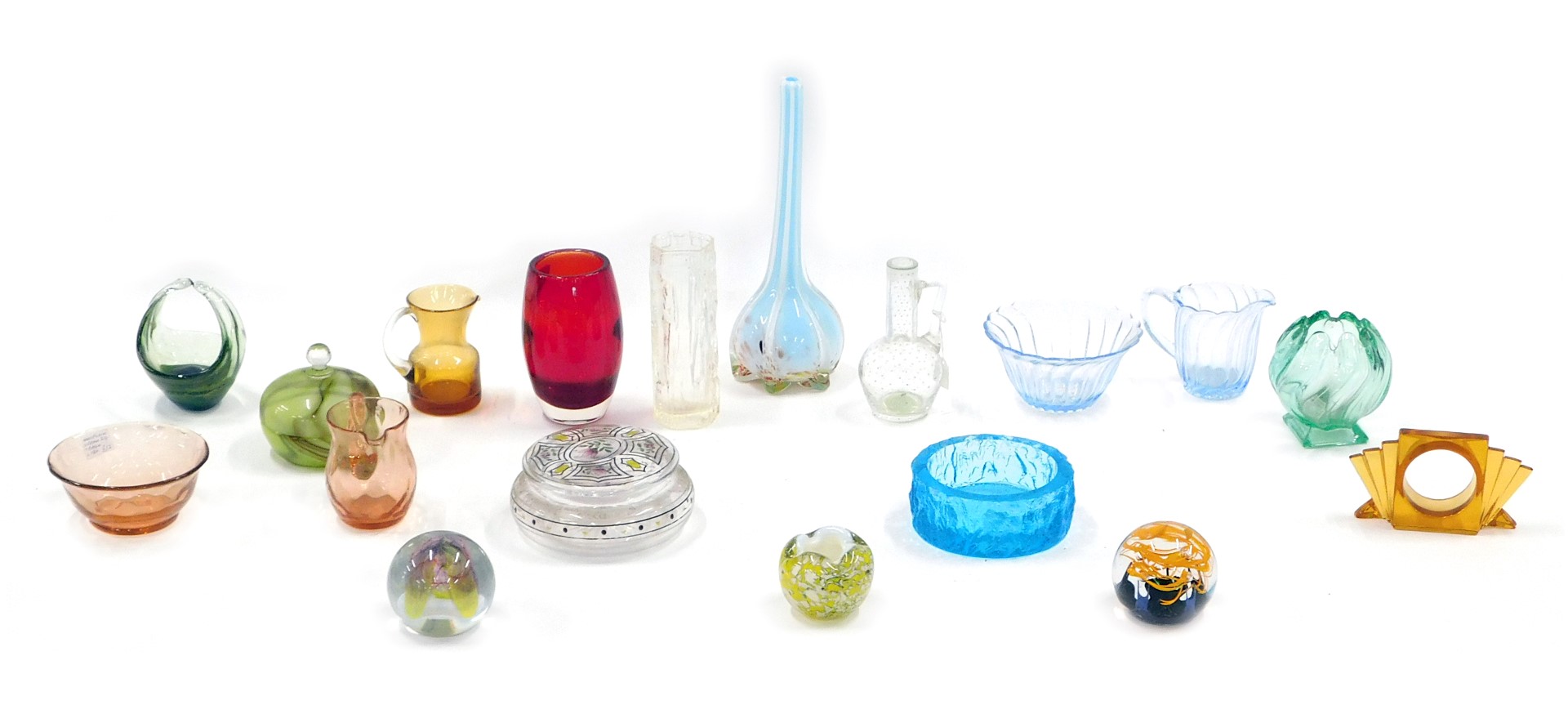 A quantity of Art Glass, to include paperweights, vases, Whitefriars bowl, ruby tinted vase, etc.