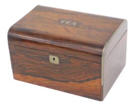 A Victorian rosewood tea caddy, the hinged domed lid enclosing two lidded divisions, 19cm wide.