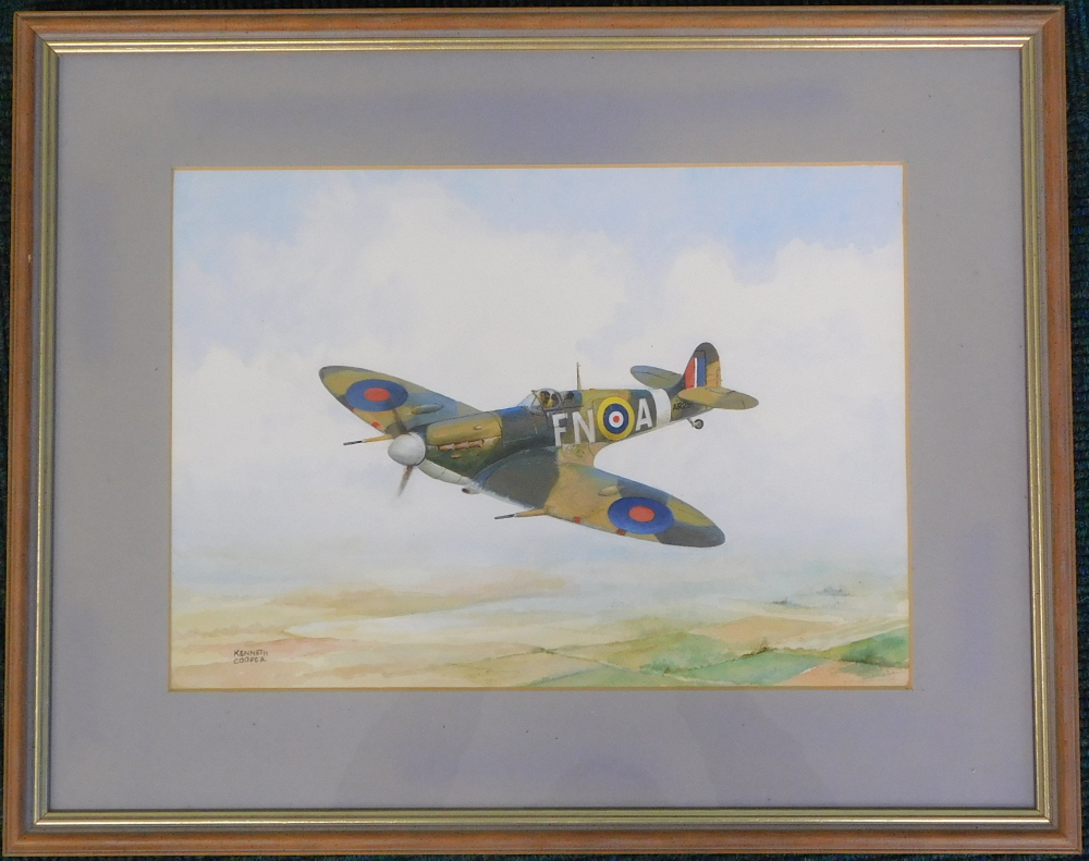 Kenneth Cooper (20thC). Spitfire, watercolour, signed, 26cm x 36.5cm, Label verso The Jack O'Lantern - Image 2 of 5