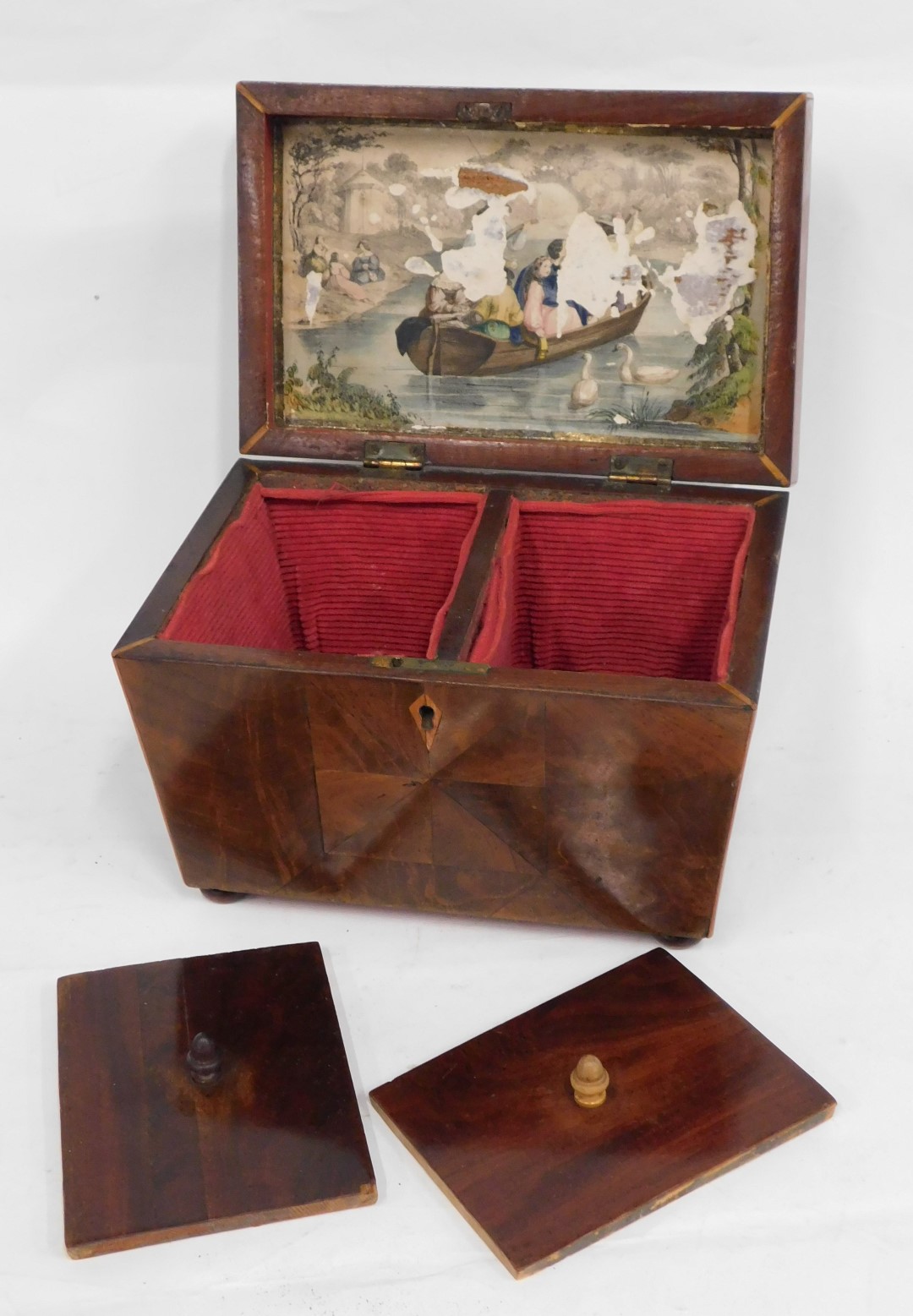 A Victorian rosewood sarcophagus shaped tea caddy, the hinged lid inset with a coloured print and wi - Image 2 of 2