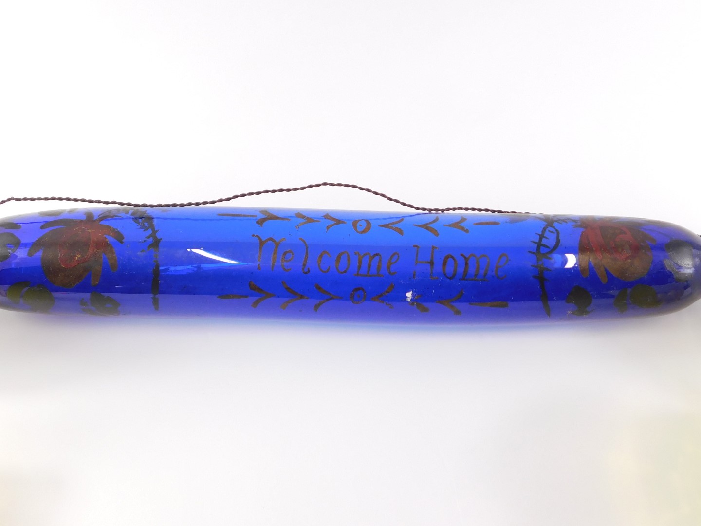 A 19thC Bristol blue glass rolling pin, bearing the slogan Welcome Home, 43cm wide, and four items o - Image 2 of 2