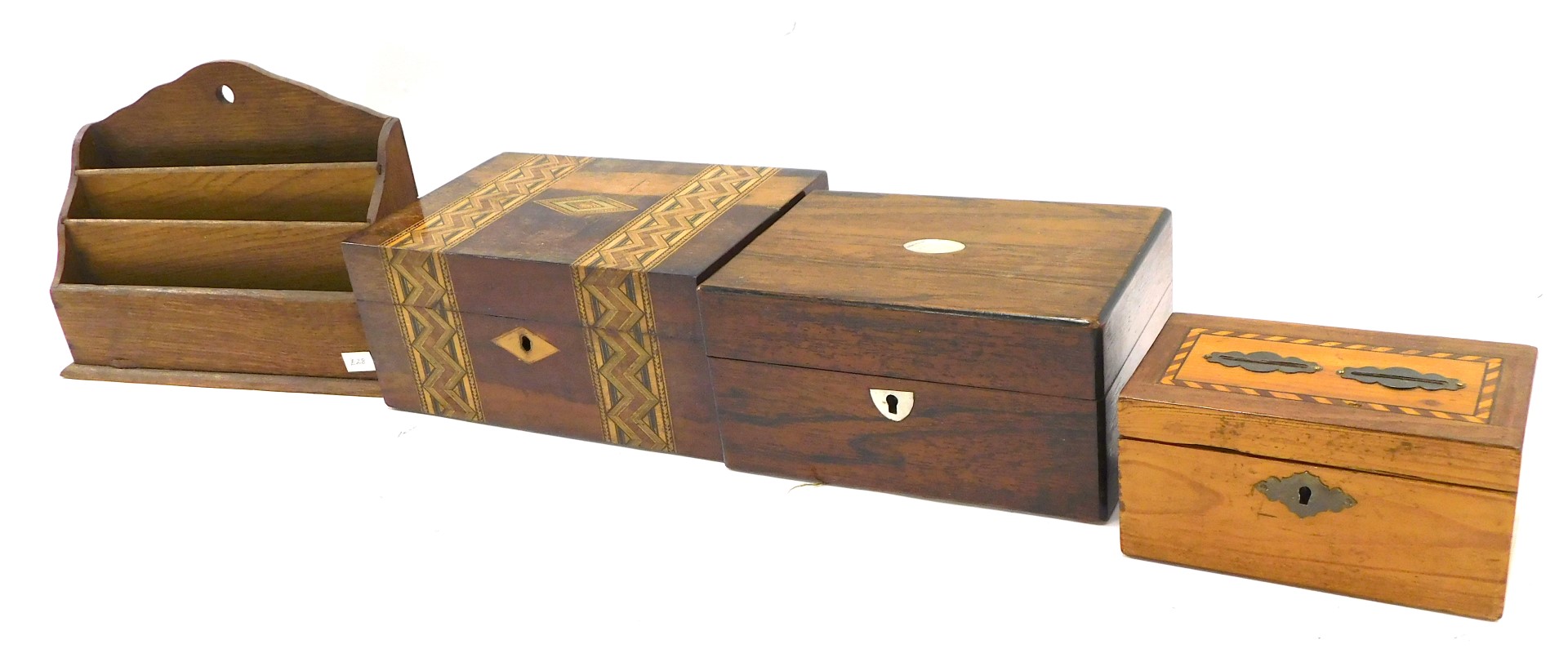 A collection of boxes, to include a late Victorian money box, rosewood workbox, letter rack, etc.