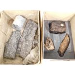Three petrified/sliced wood, and three mineral samples. (2 boxes)