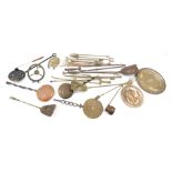 A quantity of brass and copper, to include fire irons, toasting forks, silver plated tray, skimmer,