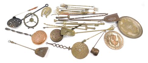 A quantity of brass and copper, to include fire irons, toasting forks, silver plated tray, skimmer,