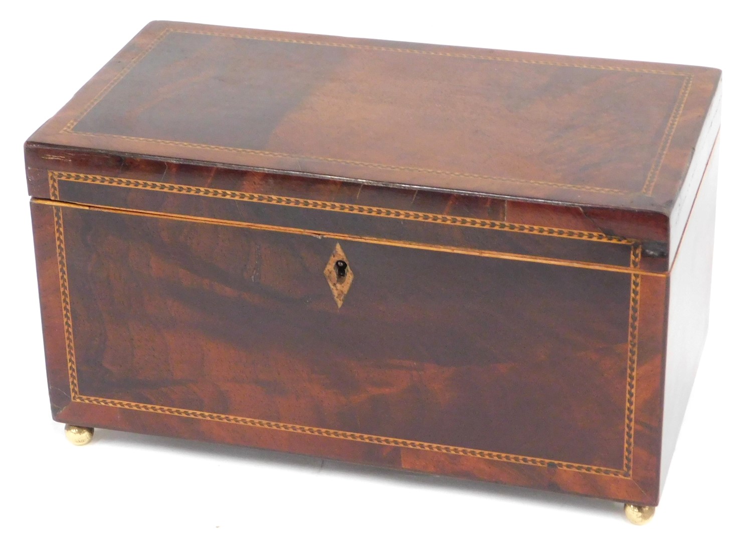 A 19thC mahogany and chequer banded tea caddy, the hinged lid enclosing two lidded divisions, on bra