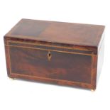 A 19thC mahogany and chequer banded tea caddy, the hinged lid enclosing two lidded divisions, on bra