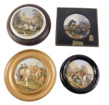 A collection of Prattware pot lids, to include war figures on horse back beside a castle, possibly O
