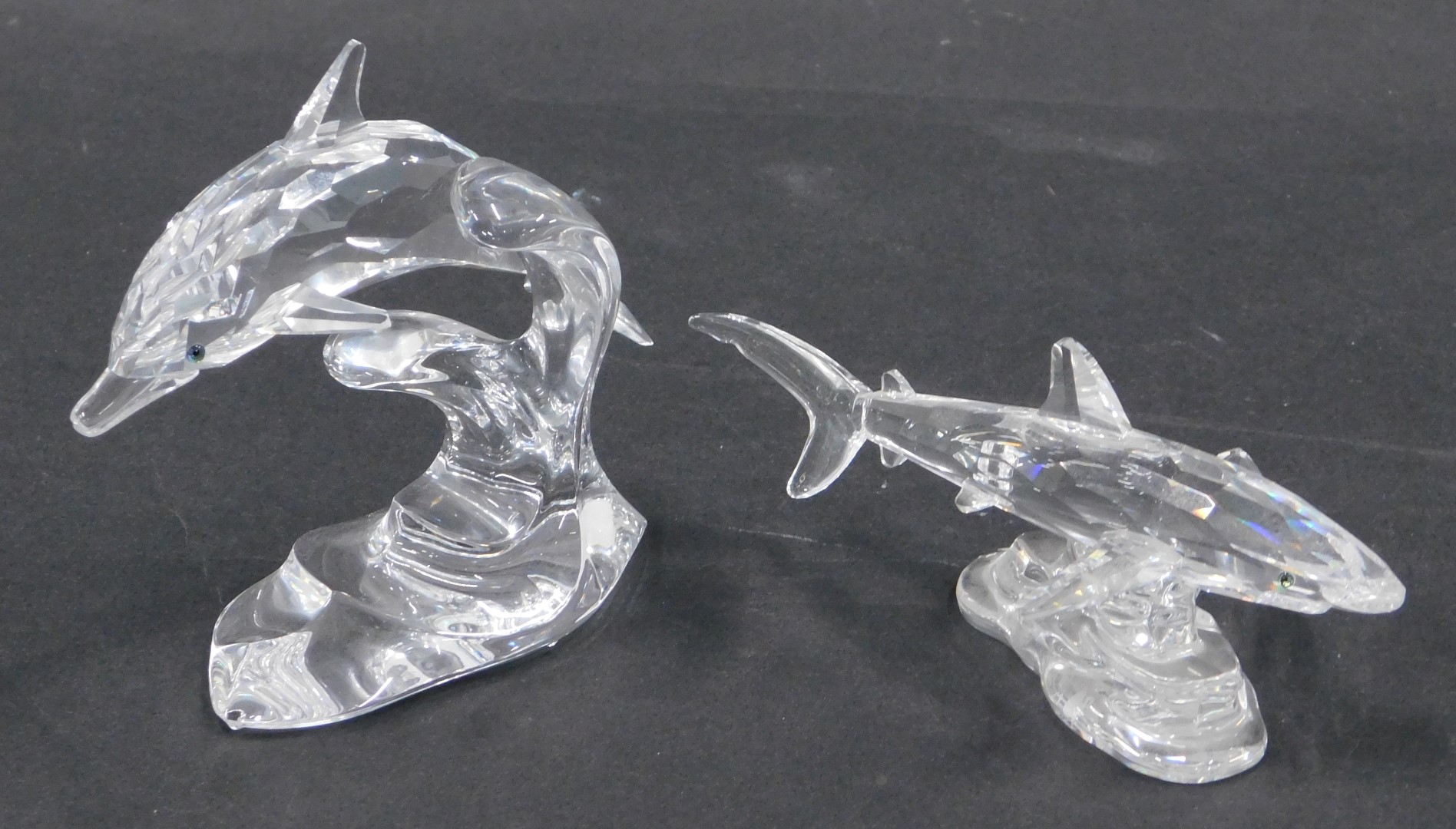 Two Swarovski crystal sea animals, comprising a dolphin riding wave, 9cm high, and a blue fin shark, - Image 2 of 2