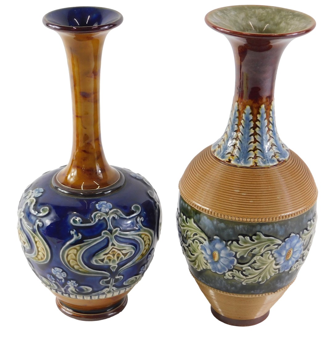 Two 19thC Royal Doulton Lambeth stoneware vases, comprising a bud vase with art nouveau blue glazed