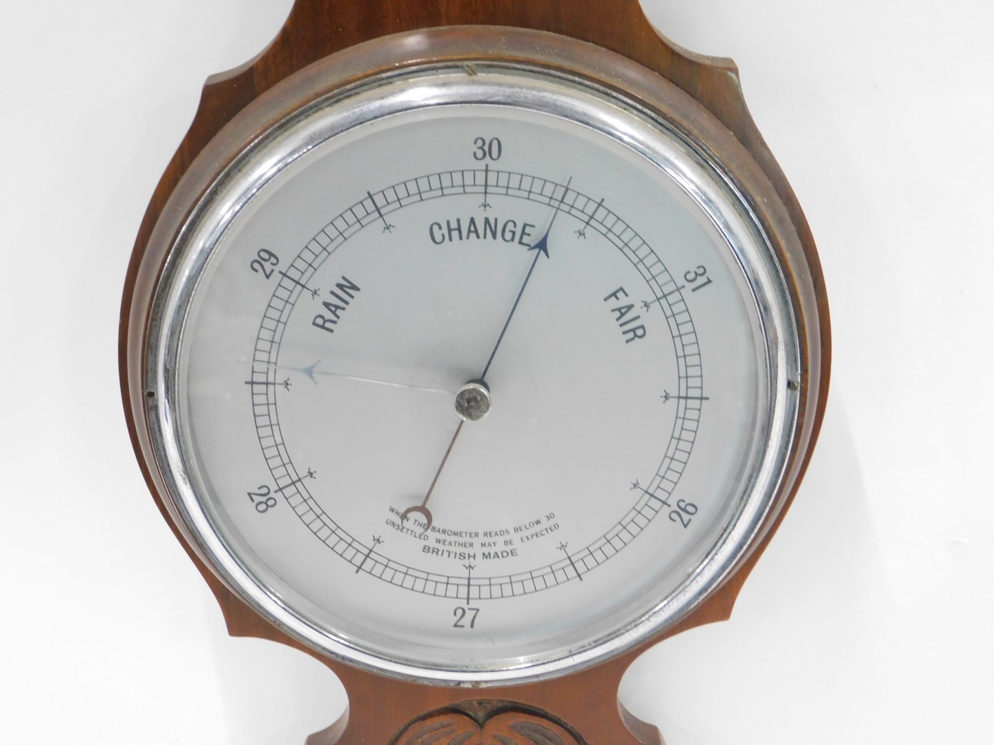 An Edwardian mahogany aneroid wheel shaped barometer with thermometer, in a carved case, 82cm high. - Image 3 of 4