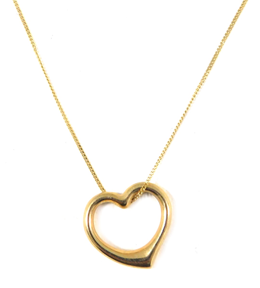 A 9ct gold heart shaped pendant and chain, the hollow heart 2cm high, on a fine link neck chain, 44c