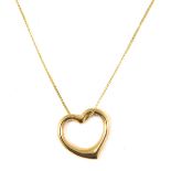 A 9ct gold heart shaped pendant and chain, the hollow heart 2cm high, on a fine link neck chain, 44c